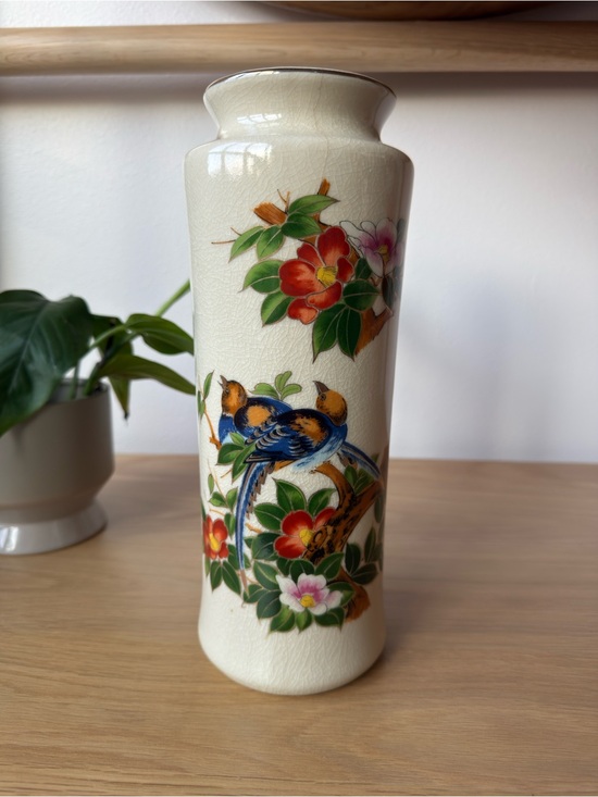Other - Vintage Japanese Kutani Satsuma Style Vase 11” Crackle Glaze Birds & Camellias